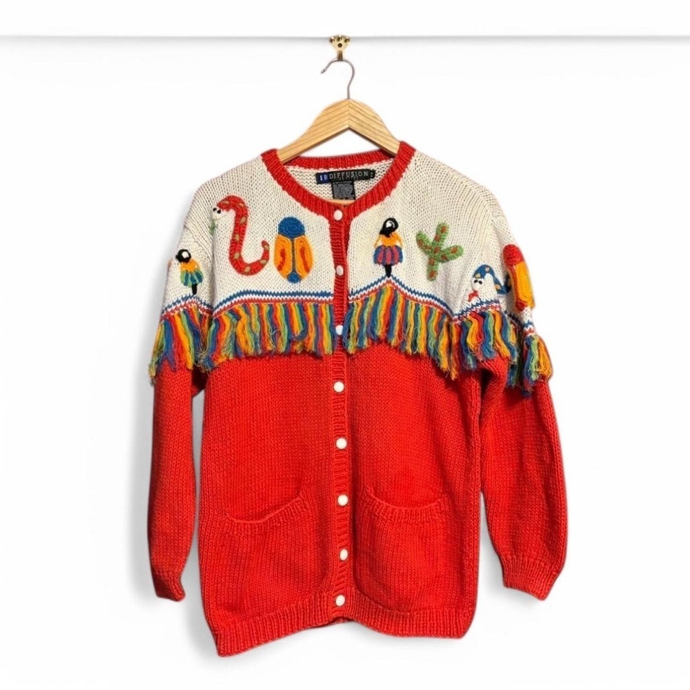 Vintage‎ 90s Cactus Cardigan Sweater Women's Petite Small IB Diffusion Rainbow